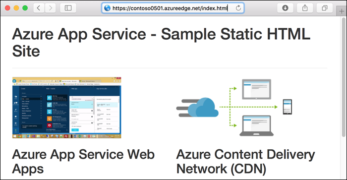 Snímek obrazovky s domovskou stránkou ukázkové aplikace obsluhované ze sítě pro doručování obsahu