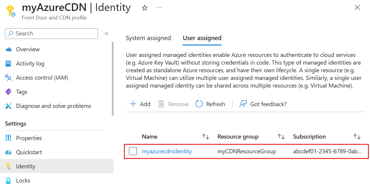 Snímek obrazovky s přidáním spravované identity přiřazené uživatelem přidanou do profilu služby Azure Content Delivery Network