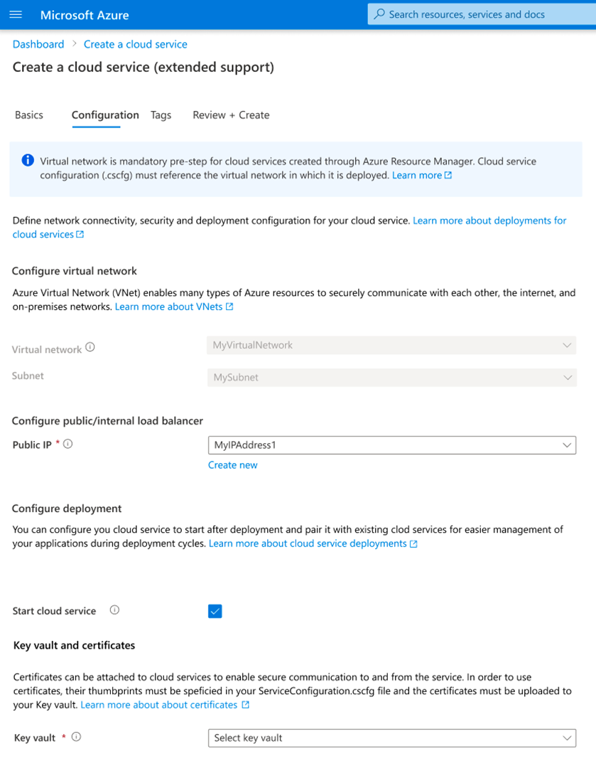 Snímek obrazovky znázorňující kartu Konfigurace na webu Azure Portal při vytváření nasazení cloudových služeb (rozšířená podpora)