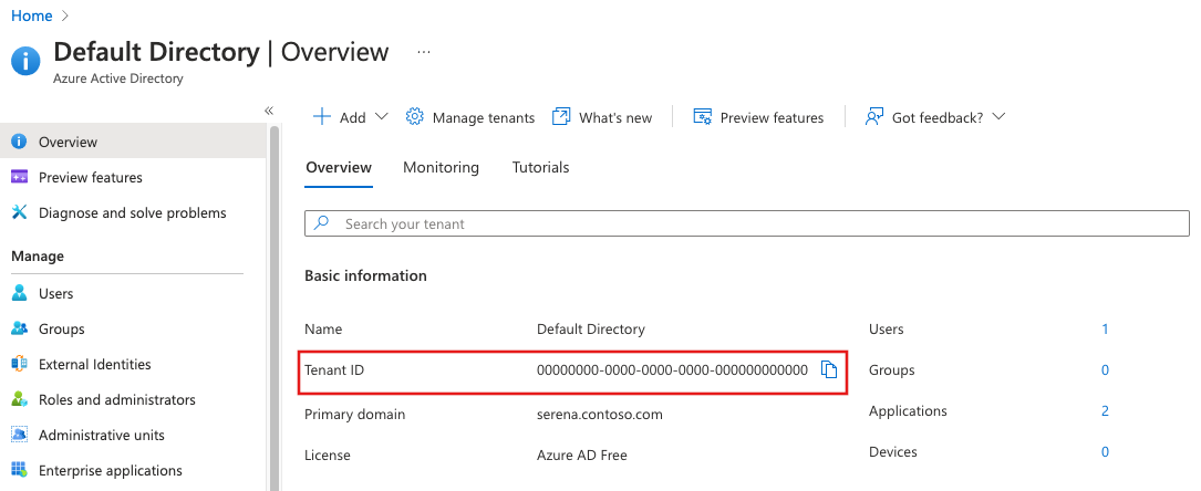 Snímek obrazovky s kopírovaním ID tenanta Microsoft Entra a jeho uložením