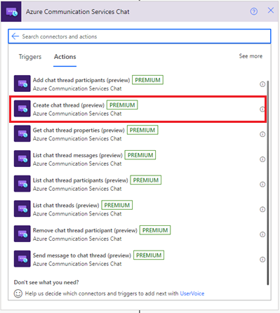 Snímek obrazovky, který znázorňuje akci Vytvořit vlákno chatu konektoru Azure Communication Services Chat.