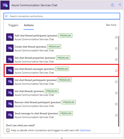 Snímek obrazovky znázorňující akci seznamu chatových zpráv v chatu konektoru služby Azure Communication Services.