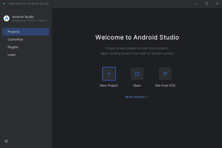 Snímek obrazovky s tlačítkem Start a new Android Studio Project vybraným v android Studiu