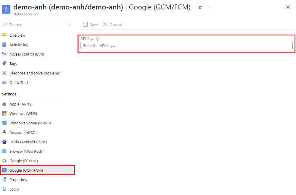 Snímek obrazovky s odebráním starších přihlašovacích údajů pro GCM / FCM z nastavení webu Azure Portal