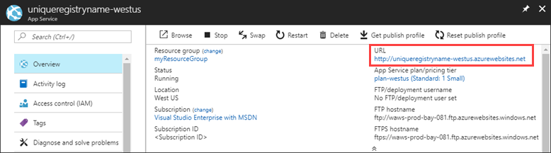 Snímek obrazovky ukazuje přehled App Service se zvýrazněnou adresou URL webové aplikace.