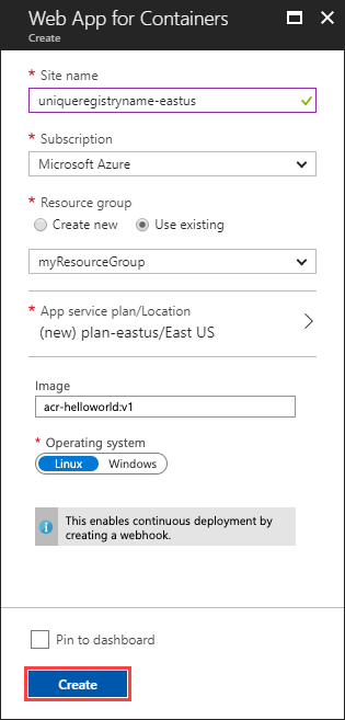 Snímek obrazovky znázorňuje okno Web App for Containers Vytvořit se zvýrazněným tlačítkem Vytvořit.