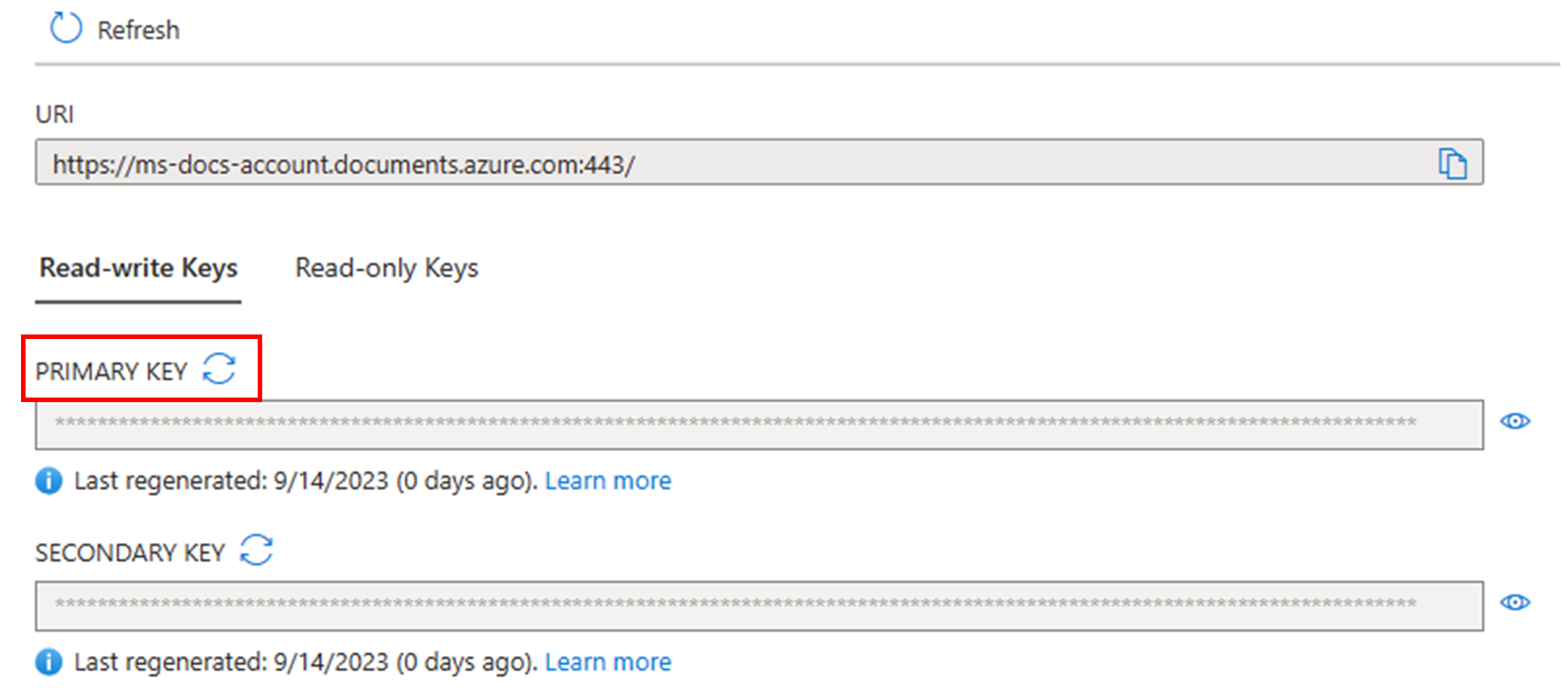 Snímek obrazovky znázorňující, jak znovu vygenerovat primární klíč na webu Azure Portal při použití s rozhraním API NoSQL