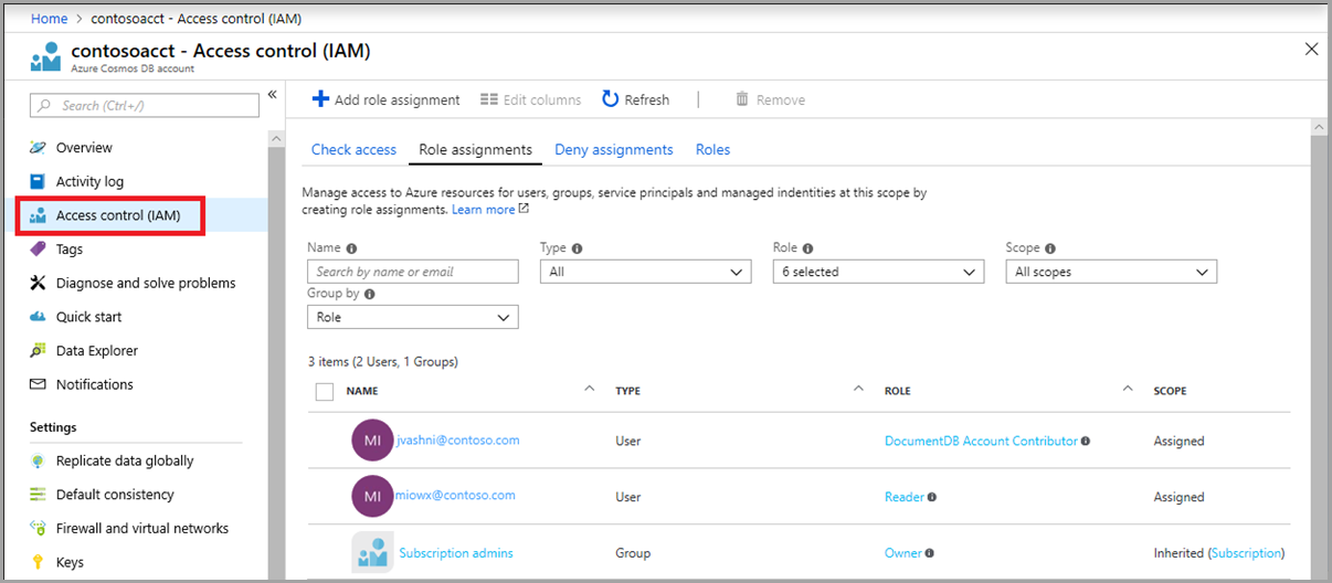Řízení přístupu (IAM) na webu Azure Portal – demonstruje zabezpečení databáze.