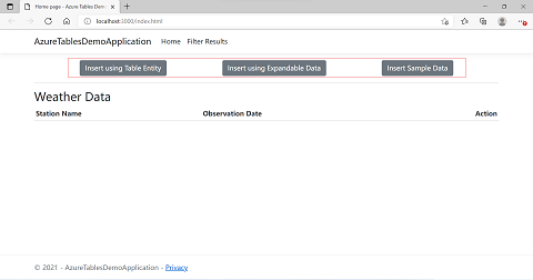 Snímek obrazovky aplikace zobrazující umístění tlačítek použitých k vložení dat do služby Azure Cosmos DB pomocí rozhraní Table API