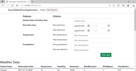 Snímek obrazovky aplikace zobrazující stránku výsledků filtru a zvýraznění položky nabídky použité k přechodu na stránku