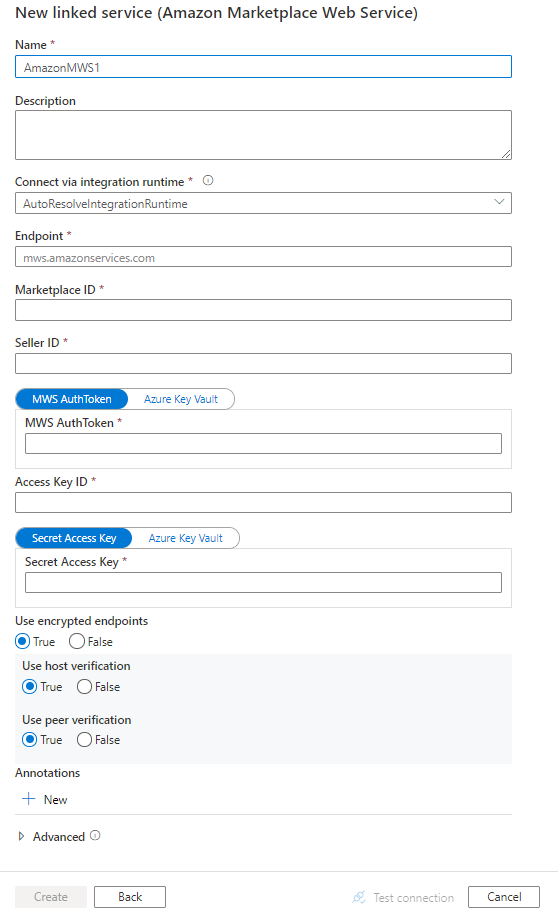 Snímek obrazovky s konfigurací propojené služby pro webovou službu Amazon Marketplace