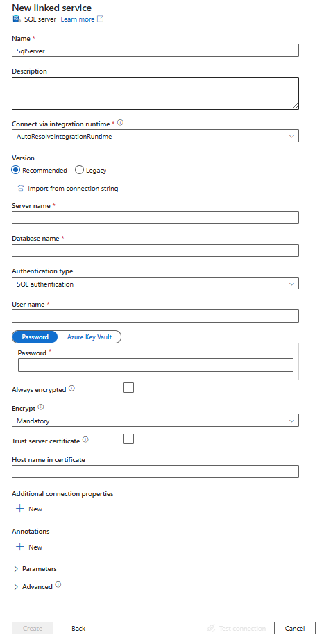 Screenshot konfigurace pro SQL Server propojenou službu.