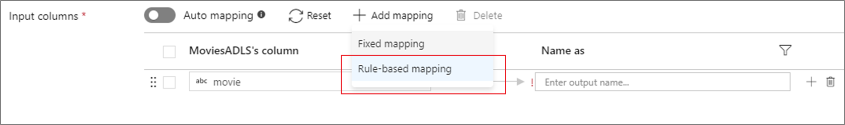 Snímek obrazovky znázorňující mapování založené na pravidlech vybrané z nabídky Přidat mapování