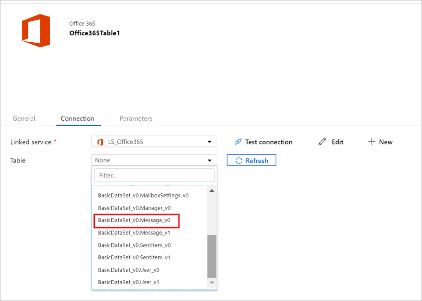 Konfigurovat tabulku datové sady Microsoft 365 (Office 365).