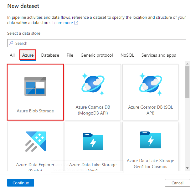 Zobrazuje snímek obrazovky s tlačítkem Vybrat Azure Blob Storage.