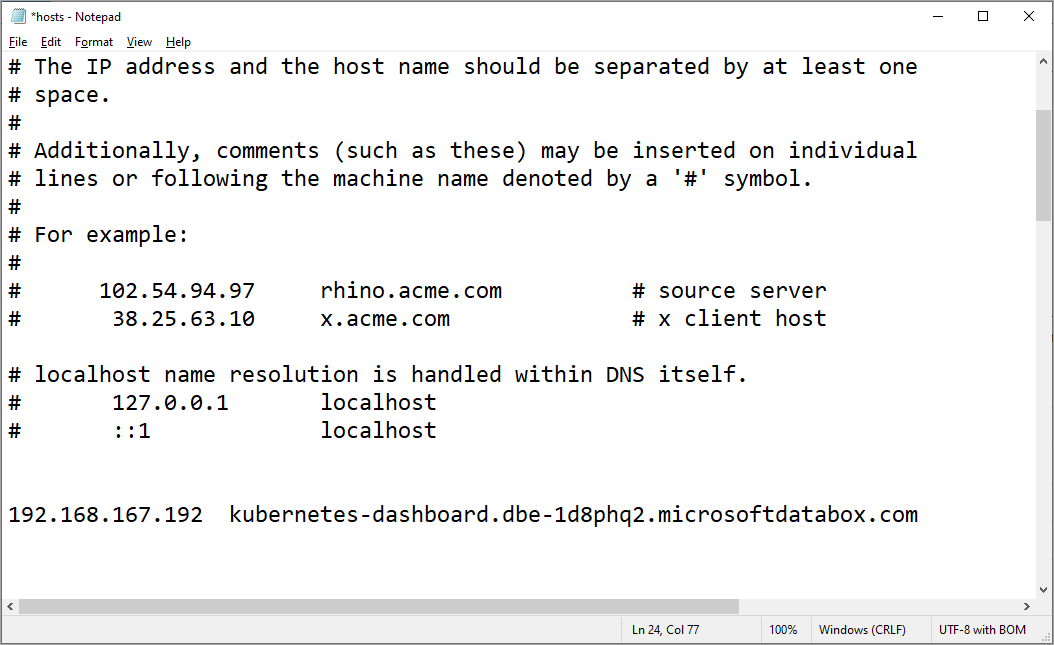 Přidání položky DNS pro koncový bod řídicího panelu Kubernetes