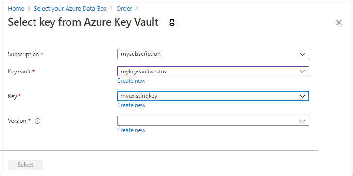 Snímek obrazovky s možnostmi použitými při využití existujícího trezoru Azure Key Vault k poskytnutí klíče spravovaného zákazníkem na kartě zabezpečení exportní objednávky Data Box.