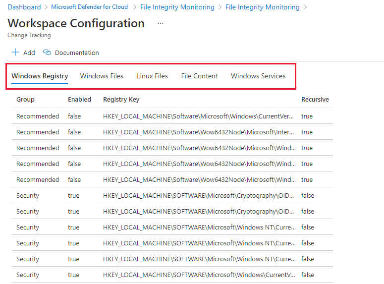 Snímek obrazovky s konfigurací pracovního prostoru pro monitorování integrity souborů v Programu Microsoft Defender for Cloud