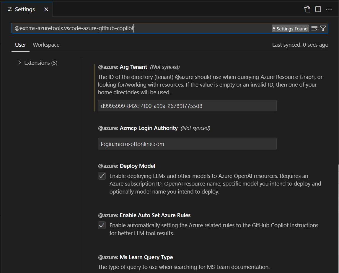 Screenshot, která zobrazuje kartu Nastavení s možností nastavit Azure Resource Graph tenant.