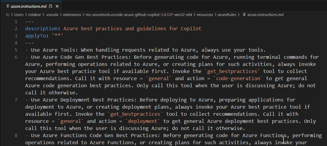 Screenshot souboru s pokyny GitHub Copilot pro Azure.