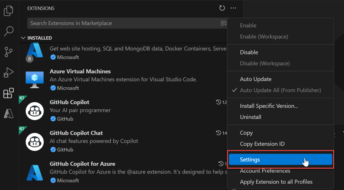 Snímek obrazovky, který zobrazuje místní nabídku pro GitHub Copilot pro Azure.