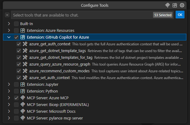 Screenshot seznamu nástrojů v Visual Studio Code.
