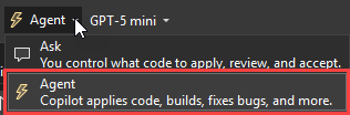 Screenshot, která zobrazuje nabídku režimu v oblasti chatu v Visual Studio 2022.