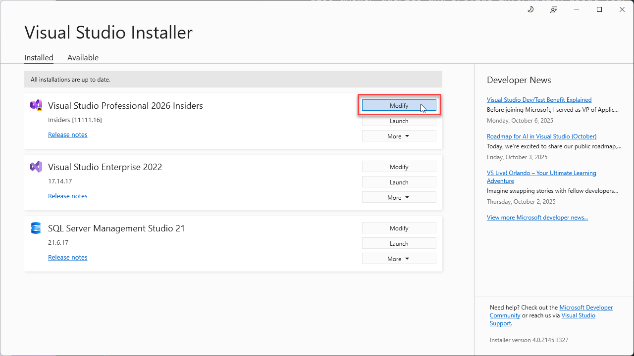 Screenshot, který zobrazuje instalační program Visual Studio se zvýrazněným tlačítkem Upravit.