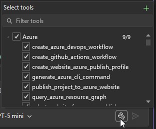 Snímek obrazovky chatového podokna s kliknutým tlačítkem 'Vybrat nástroje' ve Visual Studio 2026.