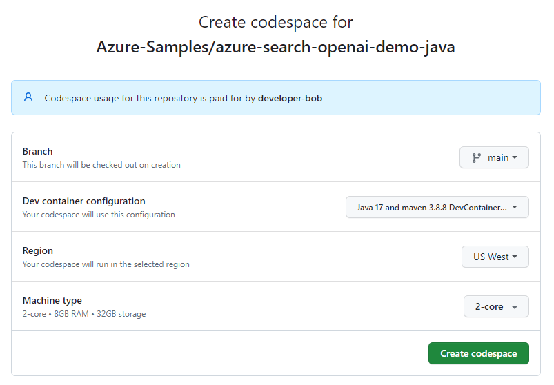 Snímek obrazovky potvrzovací obrazovky před vytvořením nového codespace.