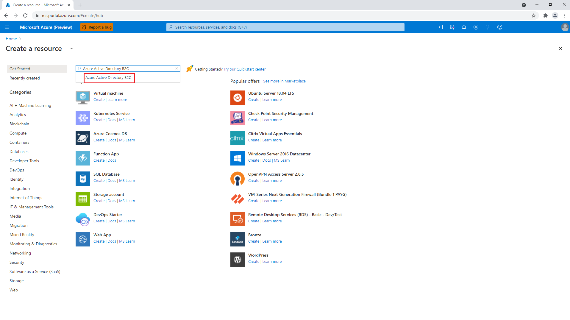 vytvořit novou instanci Azure Active Directory B2C pomocí webu Azure Portal.