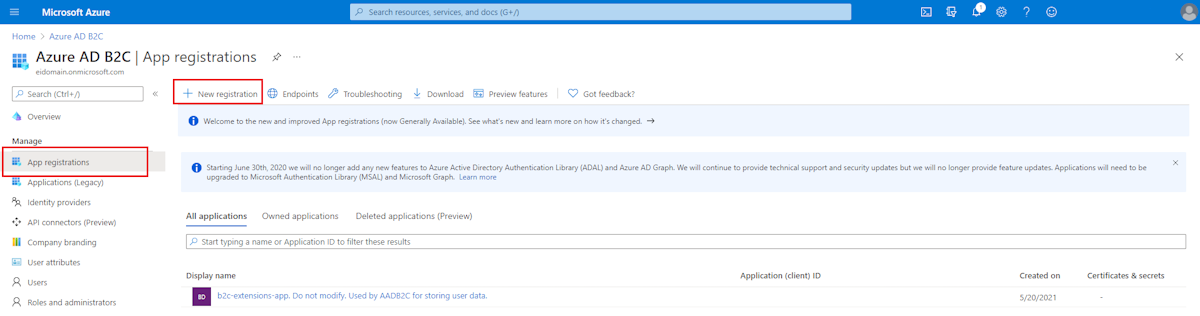 snímek obrazovky webu Azure Portal zobrazující obrazovku registrace aplikací Azure AD B2C