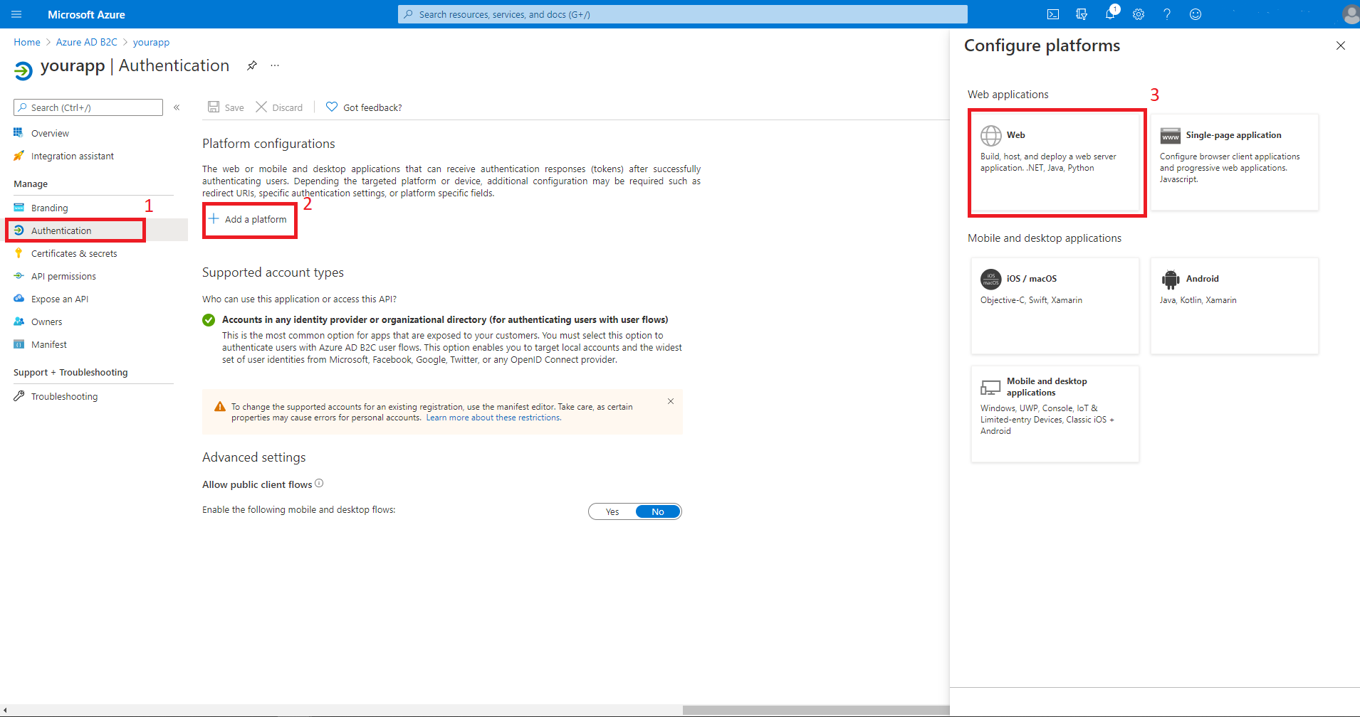 Možnosti vybrané pro ověřování, přidejte platformu, web.