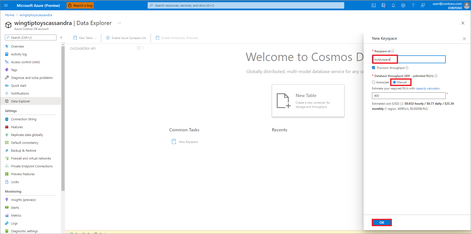 Vytvoření prostoru klíčů služby Azure Cosmos DB.