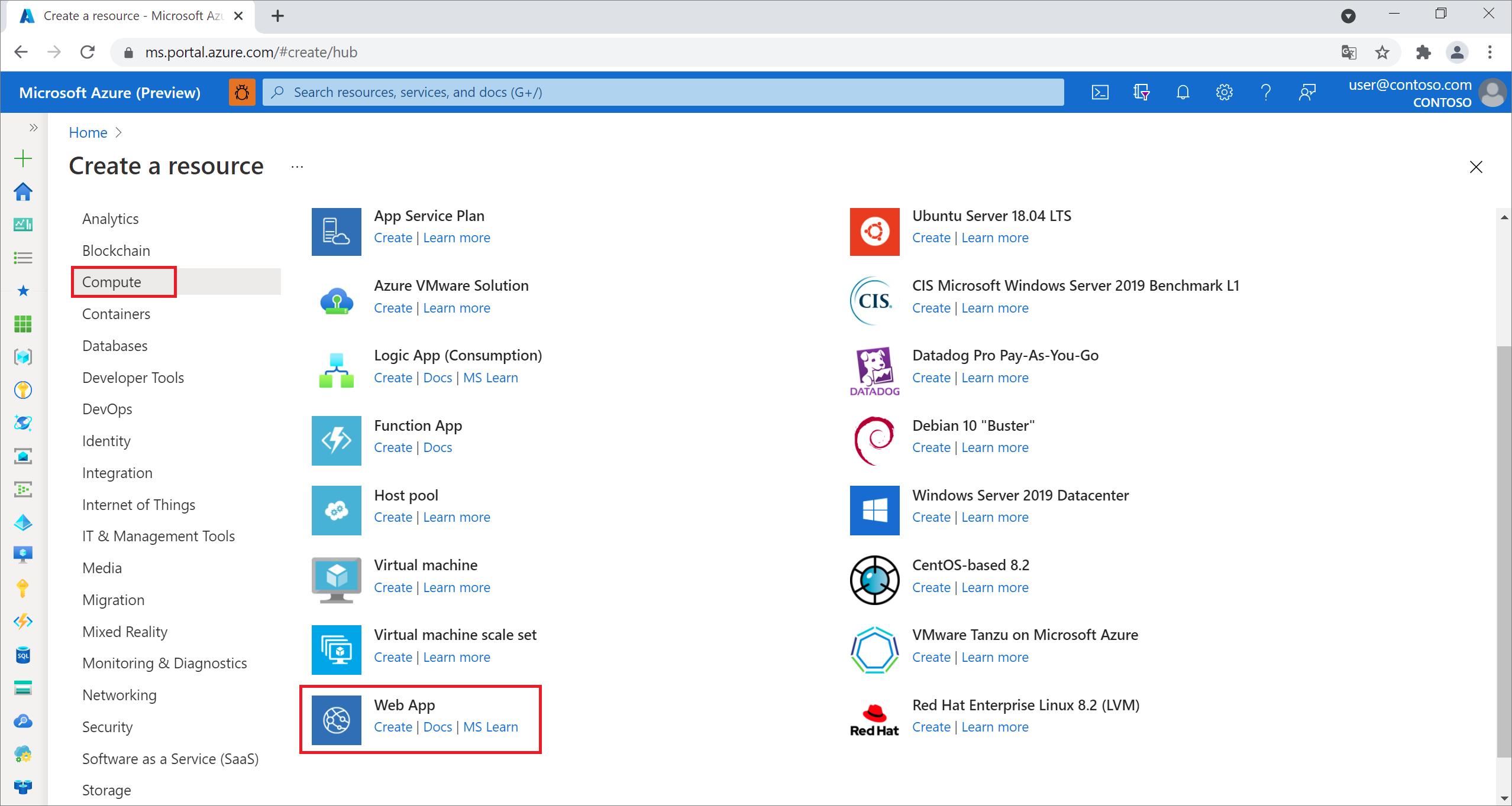 Vytvoření nové webové aplikace na webu Azure Portal