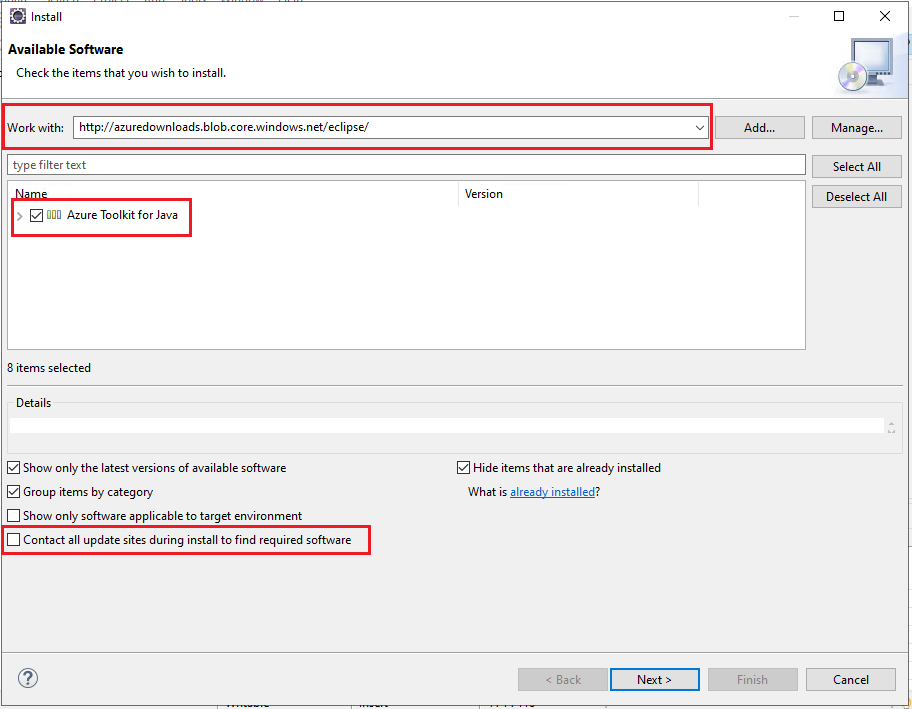 Instalace sady Azure Toolkit for Eclipse.