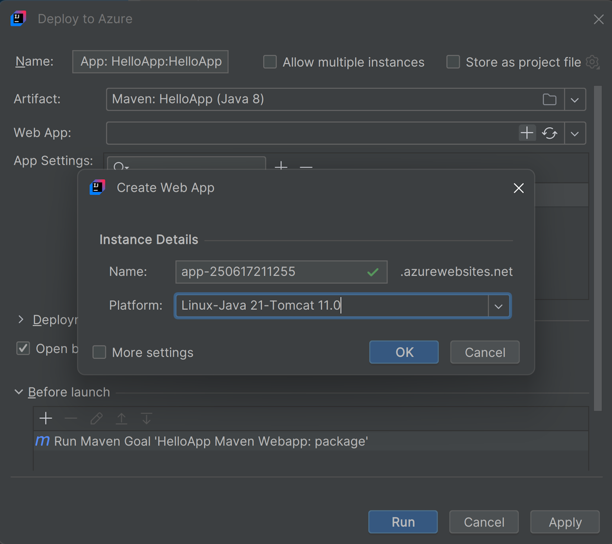 Okno dialogového okna Nasazení do Azure