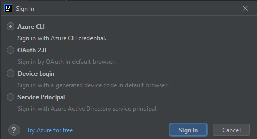 Okno Přihlášení k Azure s vybranou možností Azure CLI