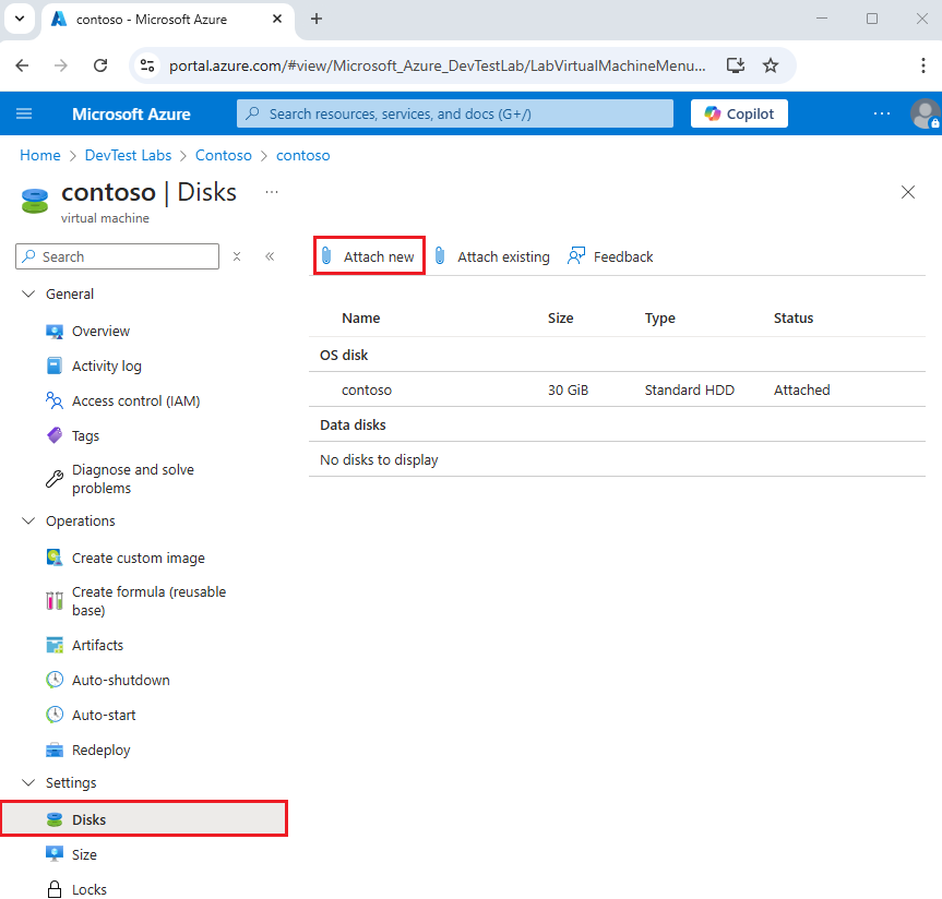 Snímek obrazovky s možností Připojit nový na stránce Disk virtuálního počítače