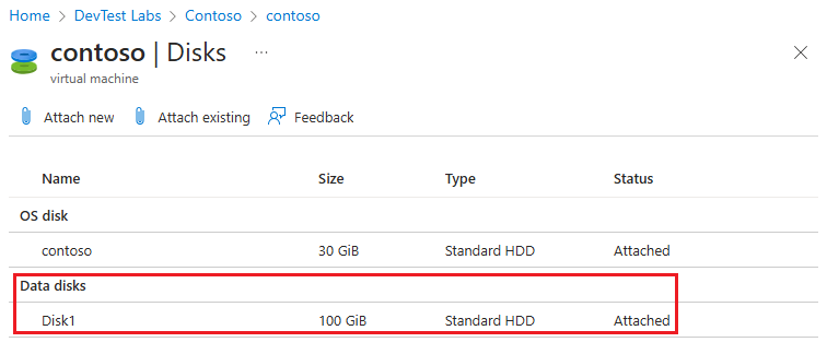 Snímek obrazovky s novým datovým diskem v části Datové disky na stránce Disky