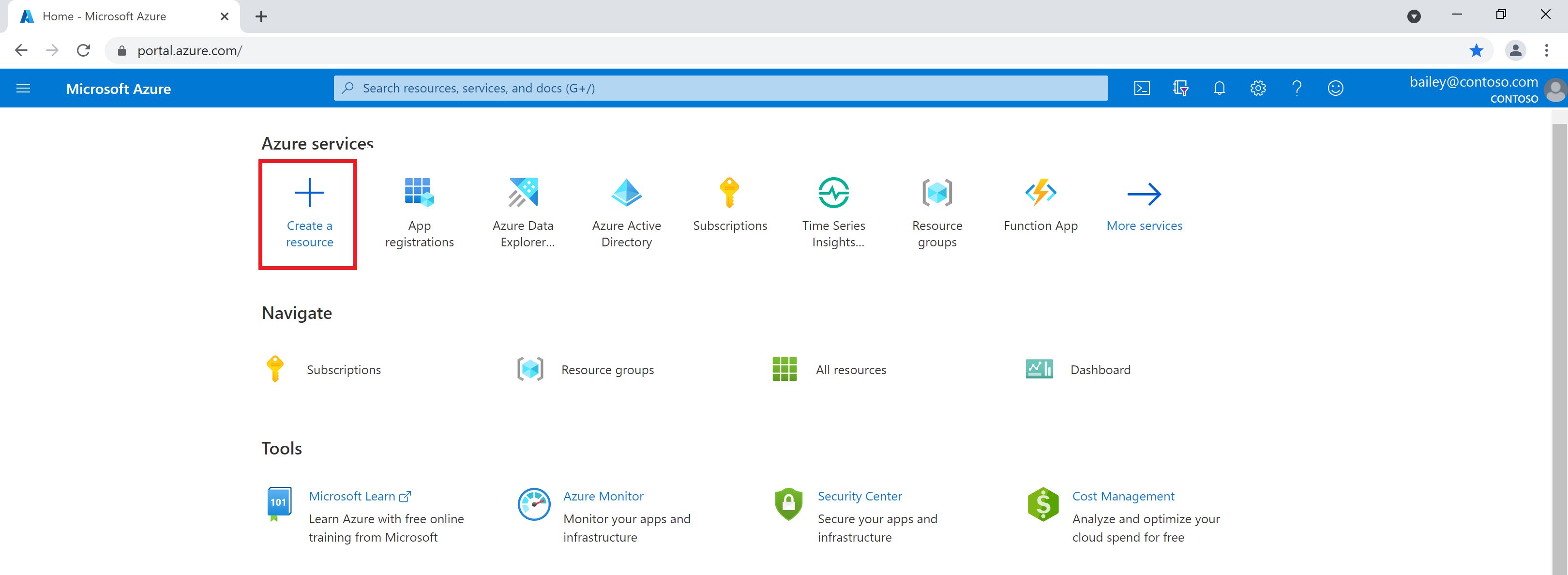 Snímek obrazovky webu Azure Portal se zvýrazněnou ikonou Vytvořit prostředek na domovské stránce