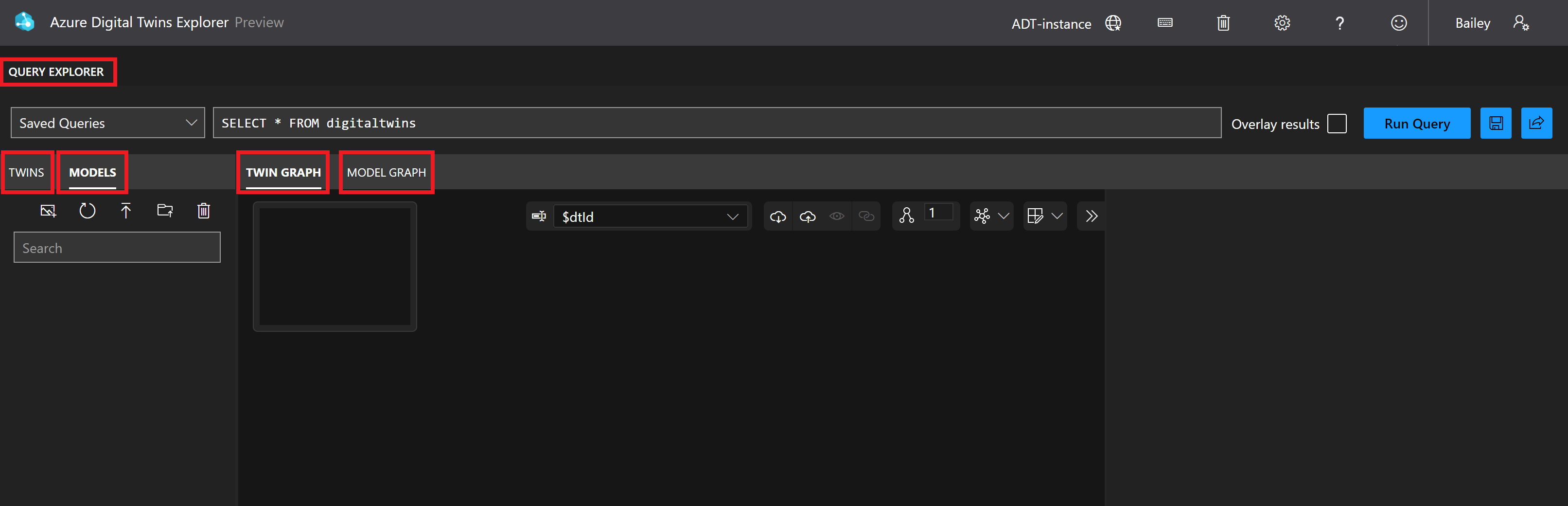Snímek obrazovky s Průzkumníkem služby Azure Digital Twins Zvýrazní se názvy panelů Průzkumník dotazů, Models, Twin Graph a Model Graph.