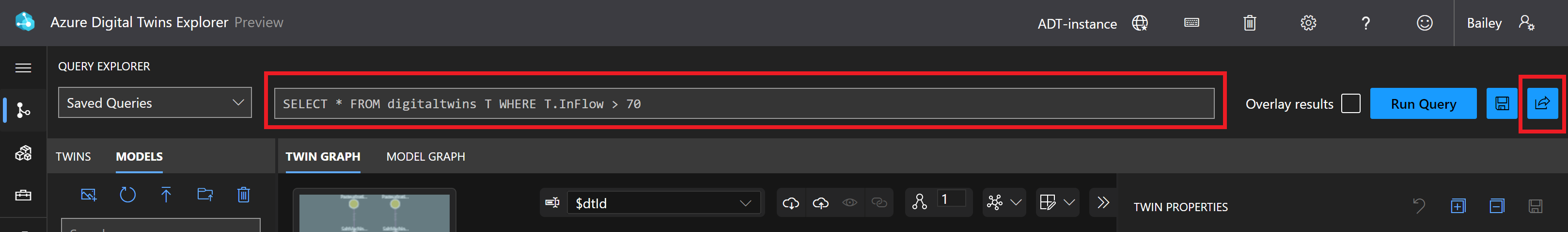 Snímek obrazovky s panelem Průzkumníka dotazů Azure Digital Twins Text dotazu a tlačítko Odeslat jsou zvýrazněné.