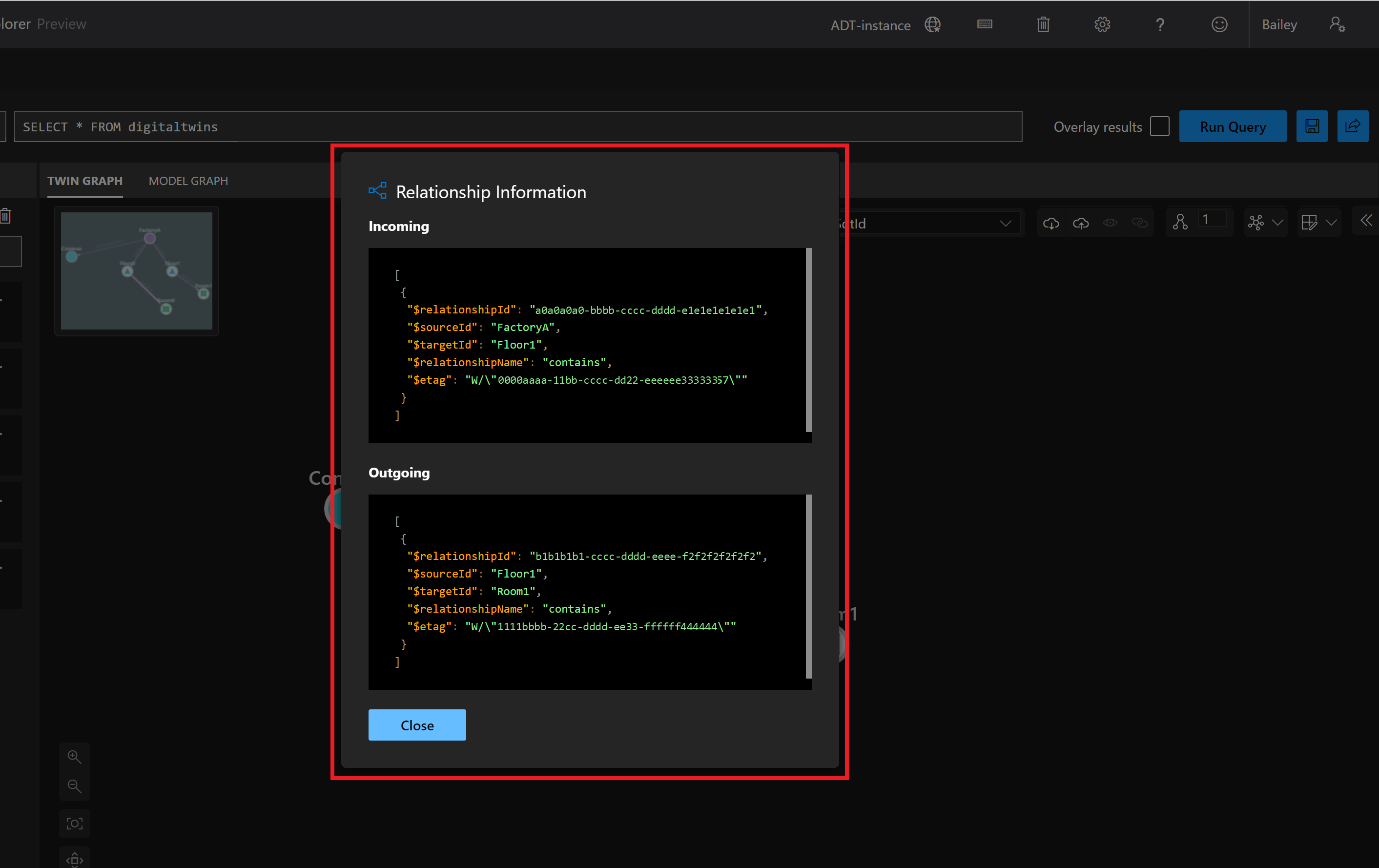 Snímek obrazovky s panelem Azure Digital Twins Explorer Twins Twin Graph Uprostřed obrazovky se zobrazí modální informace o relaci zobrazující příchozí a odchozí relace.