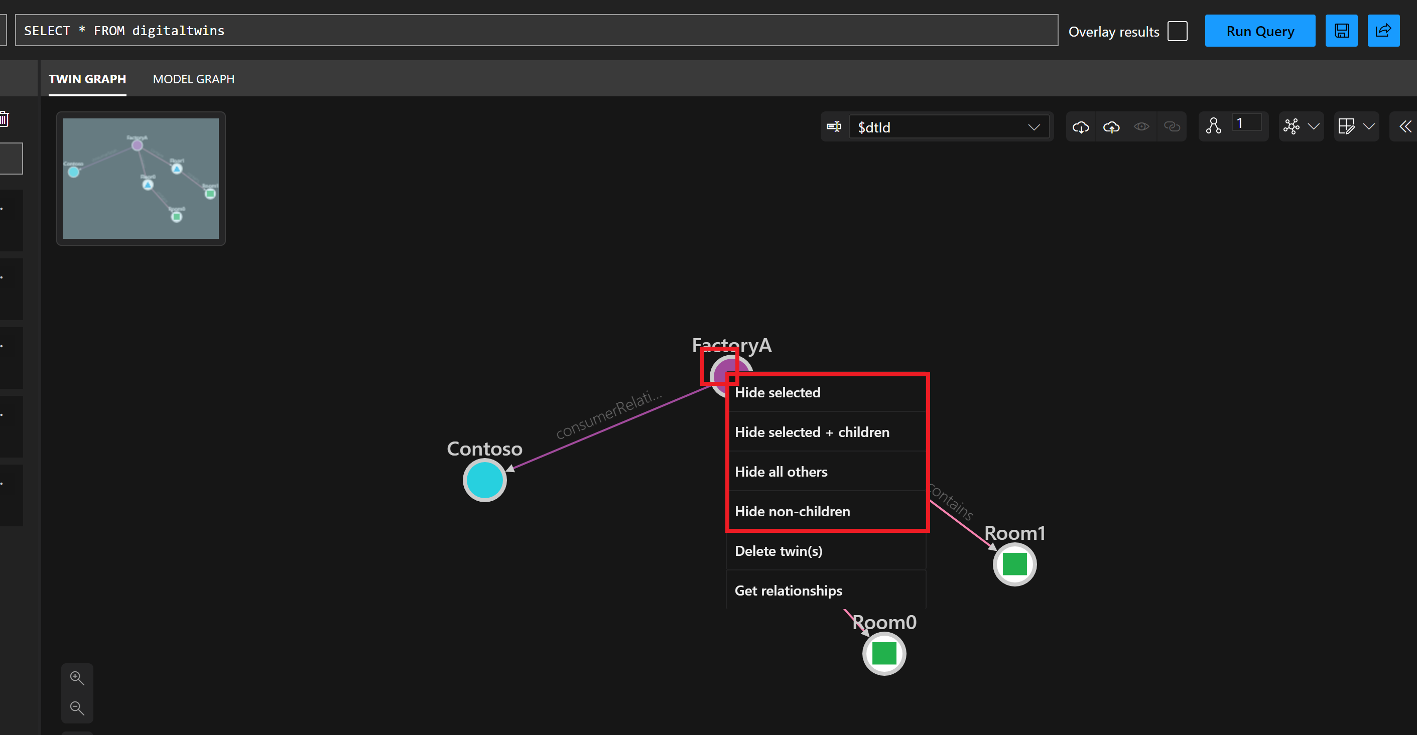 Snímek obrazovky s panelem Azure Digital Twins Explorer Twins Twin Graph Je vybráno dvojče FactoryA a k dispozici je nabídka s možnostmi Skrýt vybrané, Skrýt vybrané + Podřízené položky, Skrýt všechny ostatní a Skrýt jiné než podřízené položky.