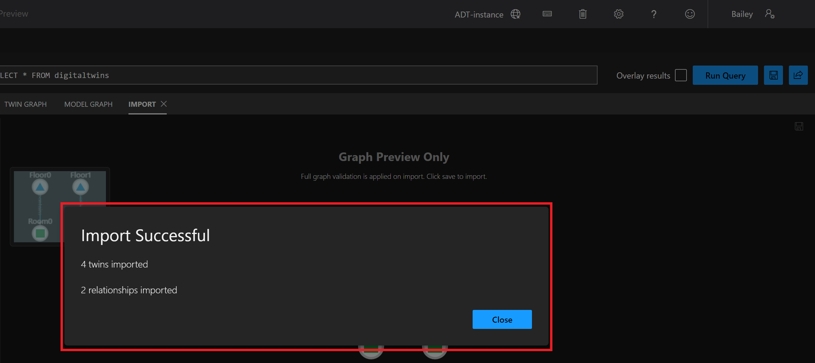 Snímek obrazovky s panelem Azure Digital Twins Explorer Twins Twin Graph Uprostřed obrazovky se zobrazí modální modál Import Úspěšný zobrazující importované čtyři dvojčata a dvě importované relace.