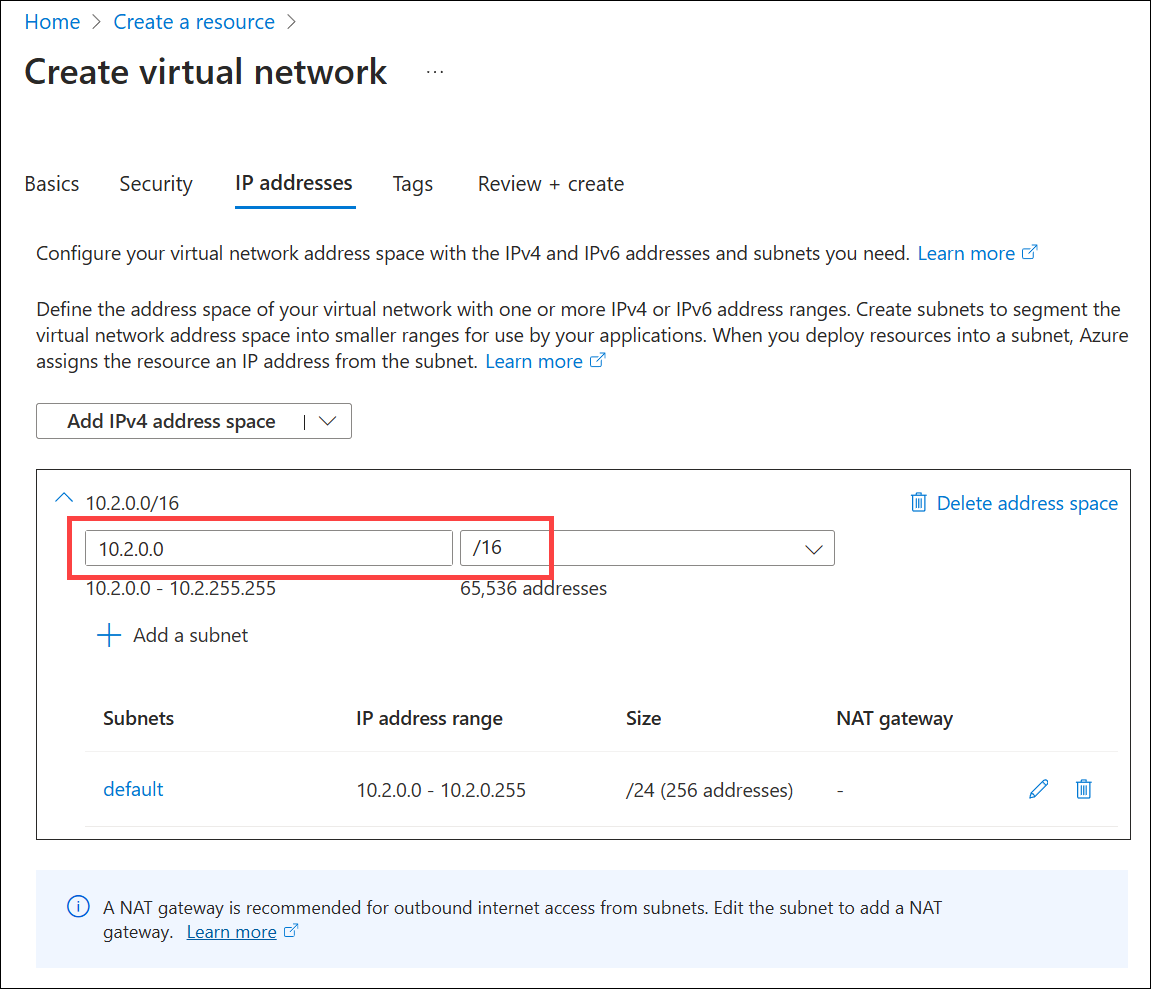 Snímek obrazovky s určením adresního prostoru IPv4 virtuální sítě