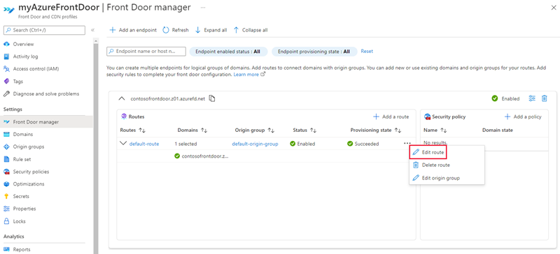 Screenshot of edit route from Front Door manager.