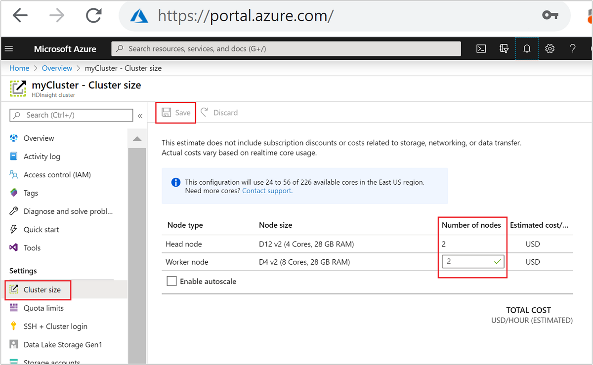 Možnost škálování clusteru na webu Azure Portal
