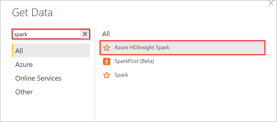 Snímek obrazovky znázorňující načtení dat do Power BI z Apache Spark BI